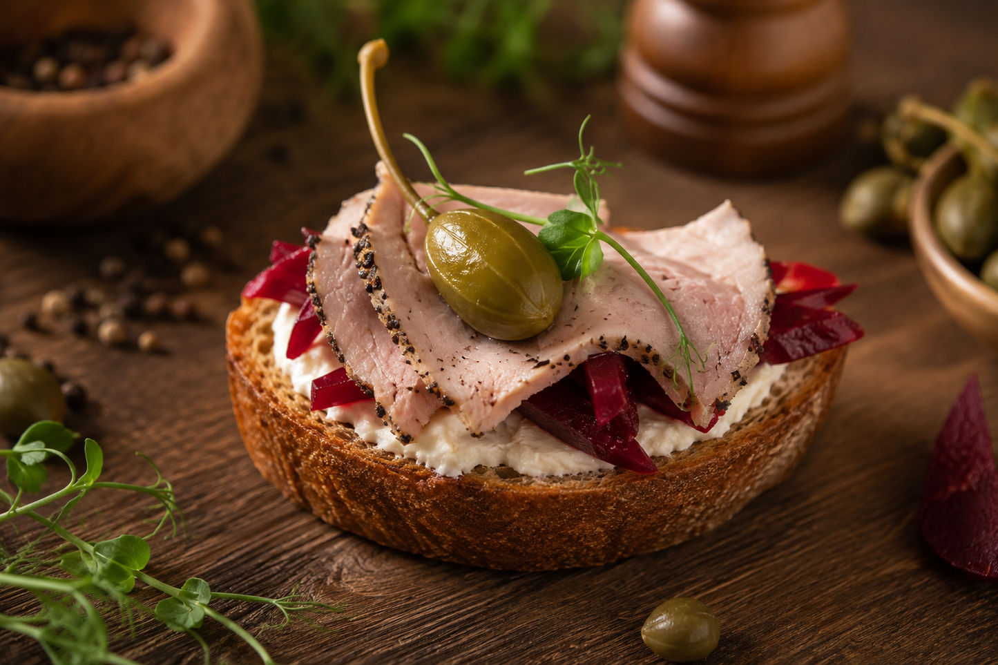 Crostini gourmet cu muschi de porc & crema de hrean